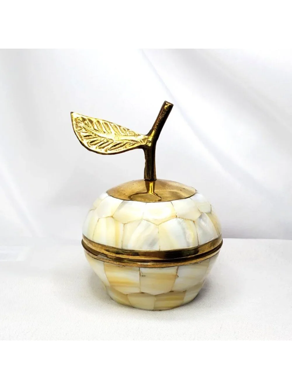 Mother Of Pearl and Brass Decorative Apple Trinket Box Lid And Leaf Accent